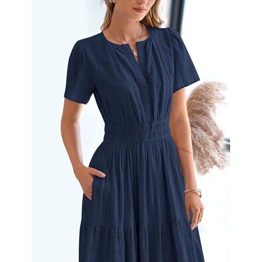 Women's Navy V Neck Short Sleeve A Line Summer Casual Maxi Dresses Pockets - Picture 3 of 6